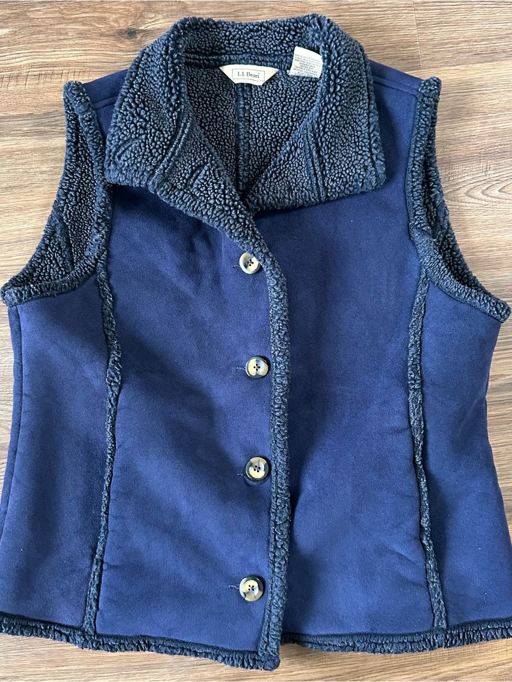 LL Bean Sherpa Lined Faux Suede Vest Blue Women Medium Warm Outdoor Cabin Button